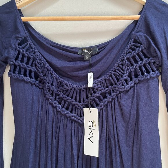 Sky‎ Women's Navy Blue Crochet Bell Sleeve Sexy Top New Medium - Picture 3 of 4